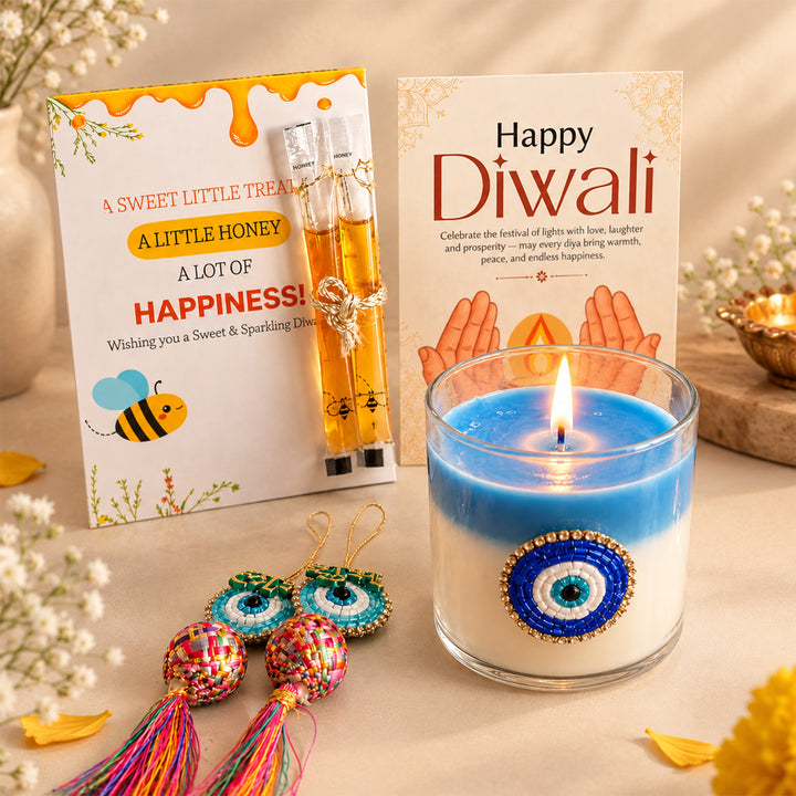 Nazar Halo Evil Eye Round Soy Wax Scented Candle Diwali Gift Hamper With Shubh Labh For Festive Gifting
