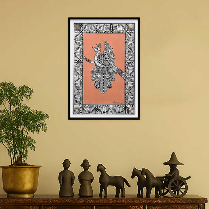 8 x 5 Inch | Peacock In Four Frames | Original Hand Painted Madhubani Painting On Paper