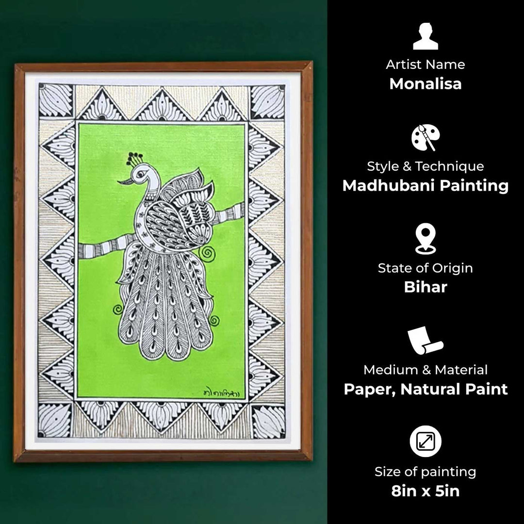 8 x 5 Inch | Peacock In Four Frames | Original Hand Painted Madhubani Painting On Paper