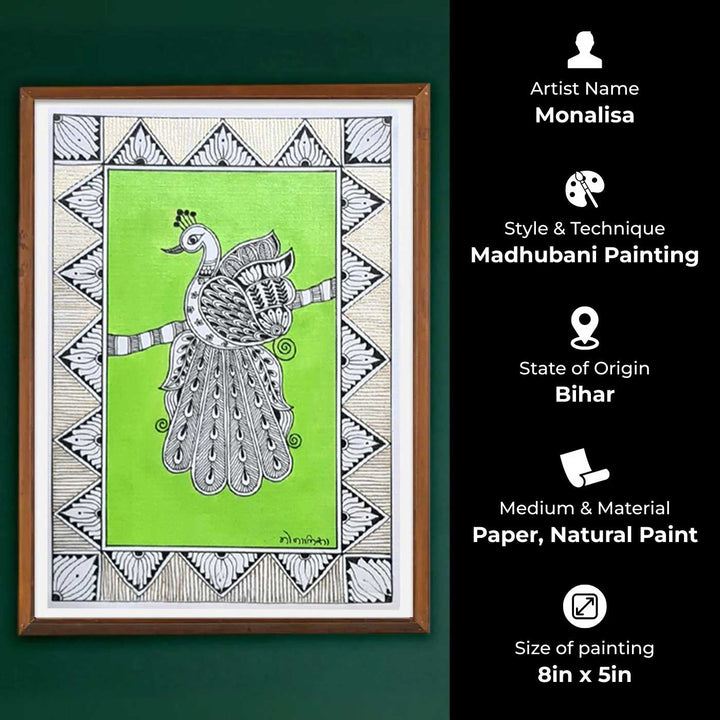 8 x 5 Inch | Peacock In Four Frames | Original Hand Painted Madhubani Painting On Paper