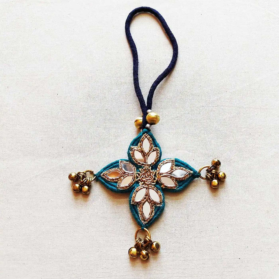 Handmade Mirror Work & Ghungroo Teal Silk Lumba Rakhi for Bhabhi With Roli Chawal