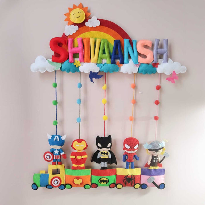 Personalized Rainbow & Superhero Train Theme Felt Kids Name Plate