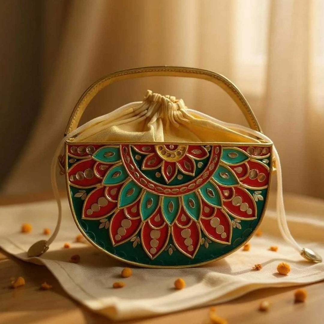 Handcrafted Green Festive Charm Lippan Art Potli Bag With Sling