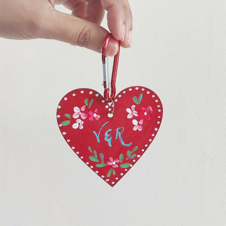 Personalized Hand-Painted Red Heart Wooden Key Chain/Bag Charm