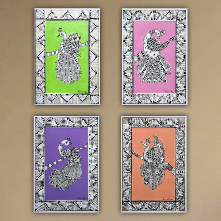 8 x 5 Inch | Peacock In Four Frames | Original Hand Painted Madhubani Painting On Paper