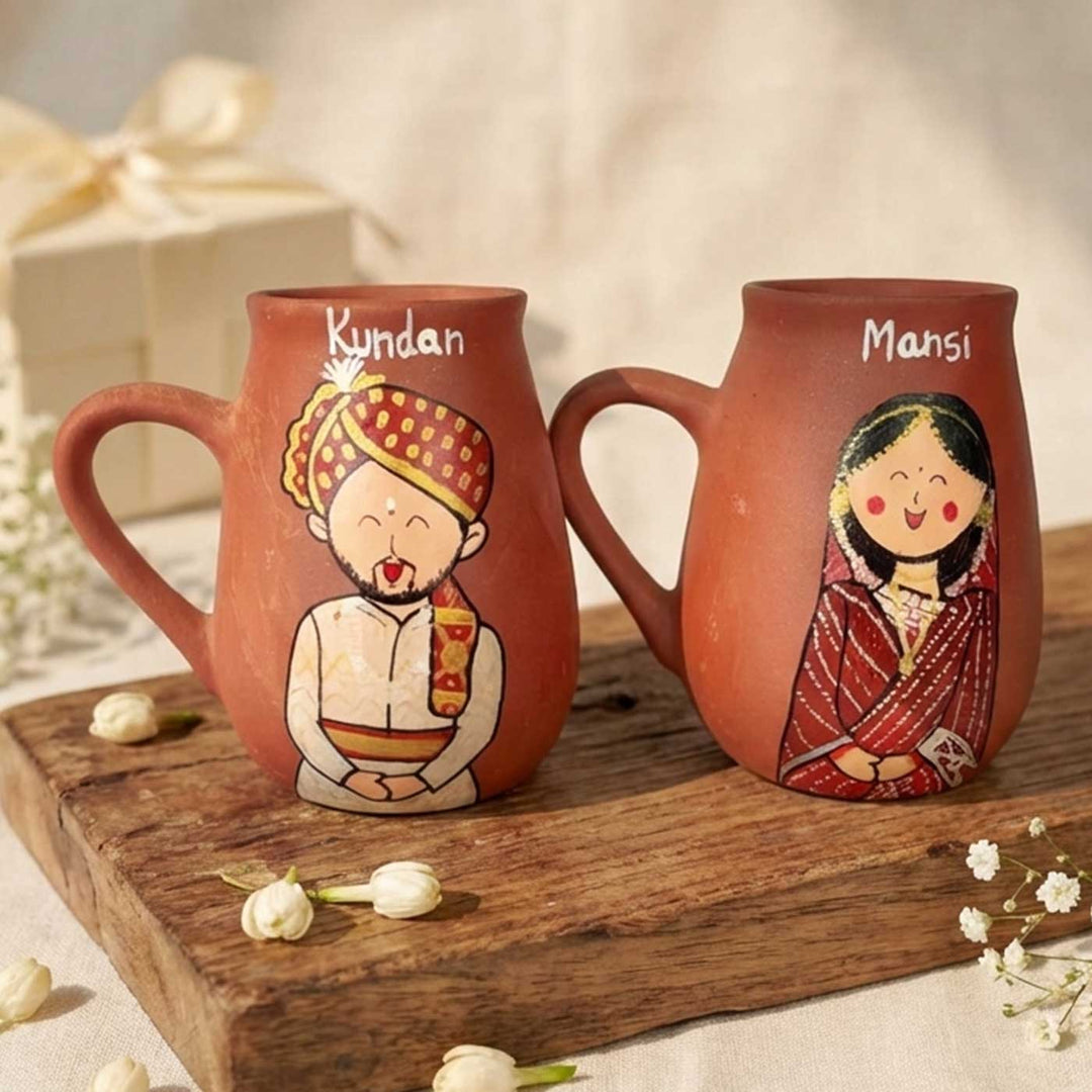 2 Pc | Bengali Couple Personalized Handpainted Terracotta Mug | 450 ml