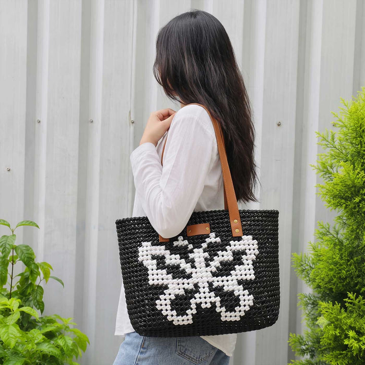 Handwoven Black Koodai Tote Bag with White Butterfly Motif