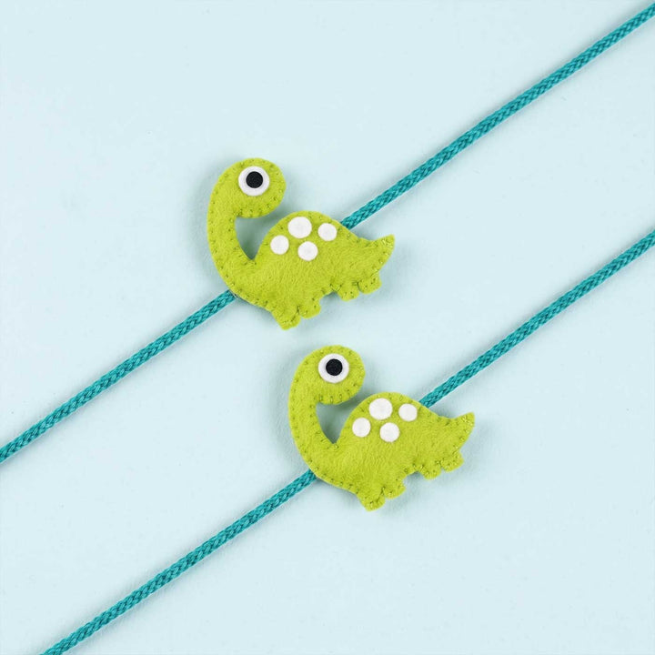 Handmade Dinosaur Felt Kids Rakhi With Roli Chawal For Twins | Set of 2