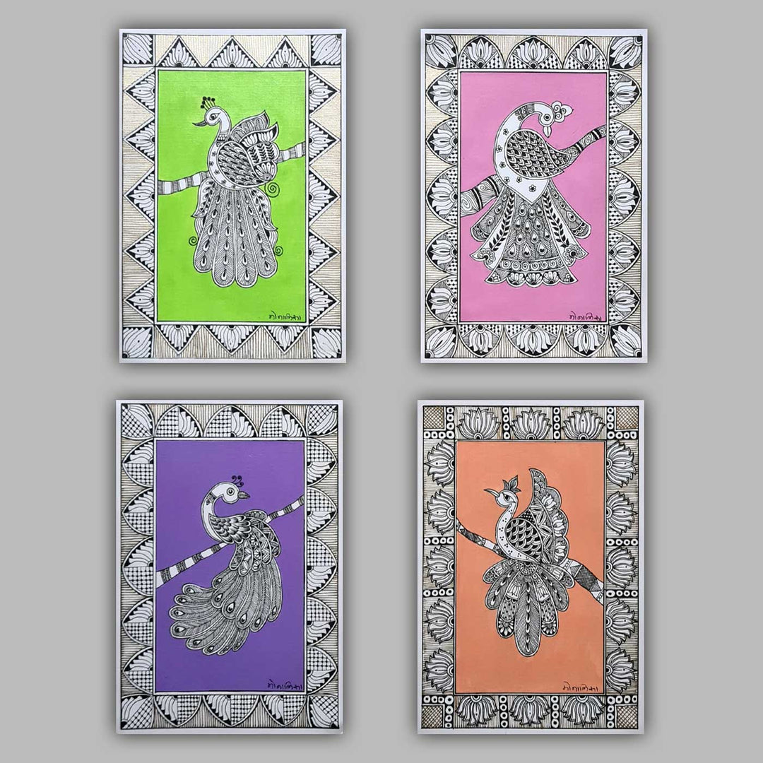 8 x 5 Inch | Peacock In Four Frames | Original Hand Painted Madhubani Painting On Paper