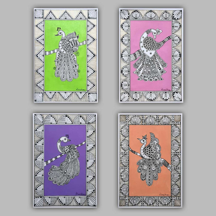 8 x 5 Inch | Peacock In Four Frames | Original Hand Painted Madhubani Painting On Paper