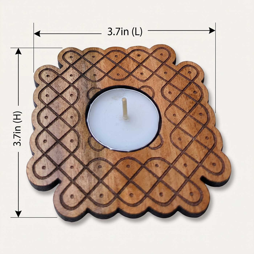 4 pc | Wave Lattice Hand-Painted Engraved Mahogany Wood Kolam Tealight Holders