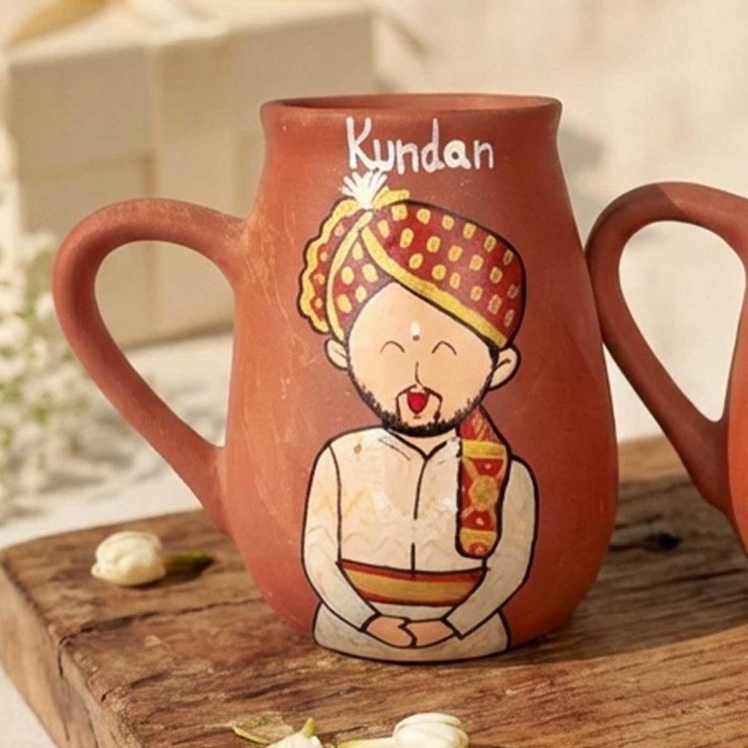 2 Pc | Bengali Couple Personalized Handpainted Terracotta Mug | 450 ml