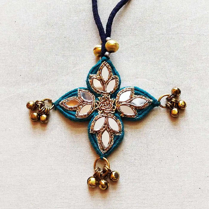 Handmade Mirror Work & Ghungroo Teal Silk Lumba Rakhi for Bhabhi With Roli Chawal
