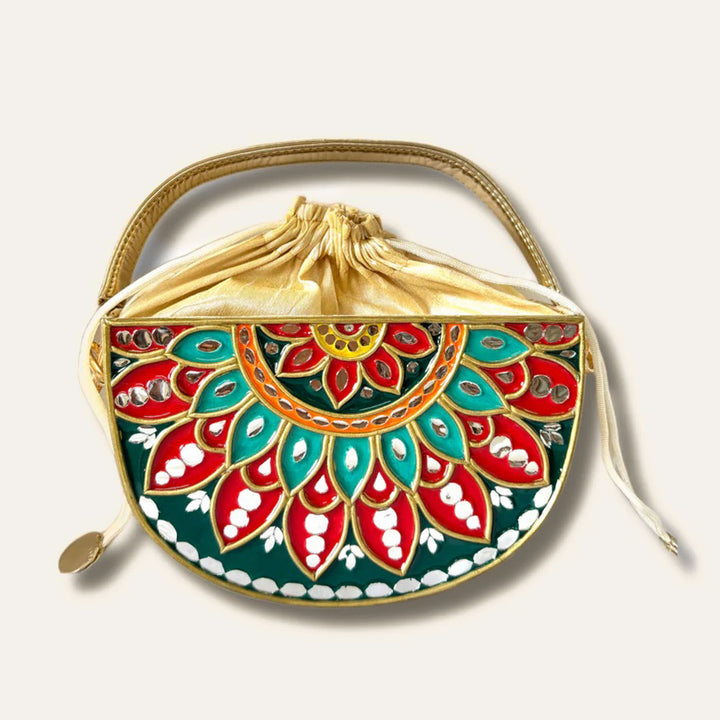 Handcrafted Green Festive Charm Lippan Art Potli Bag With Sling