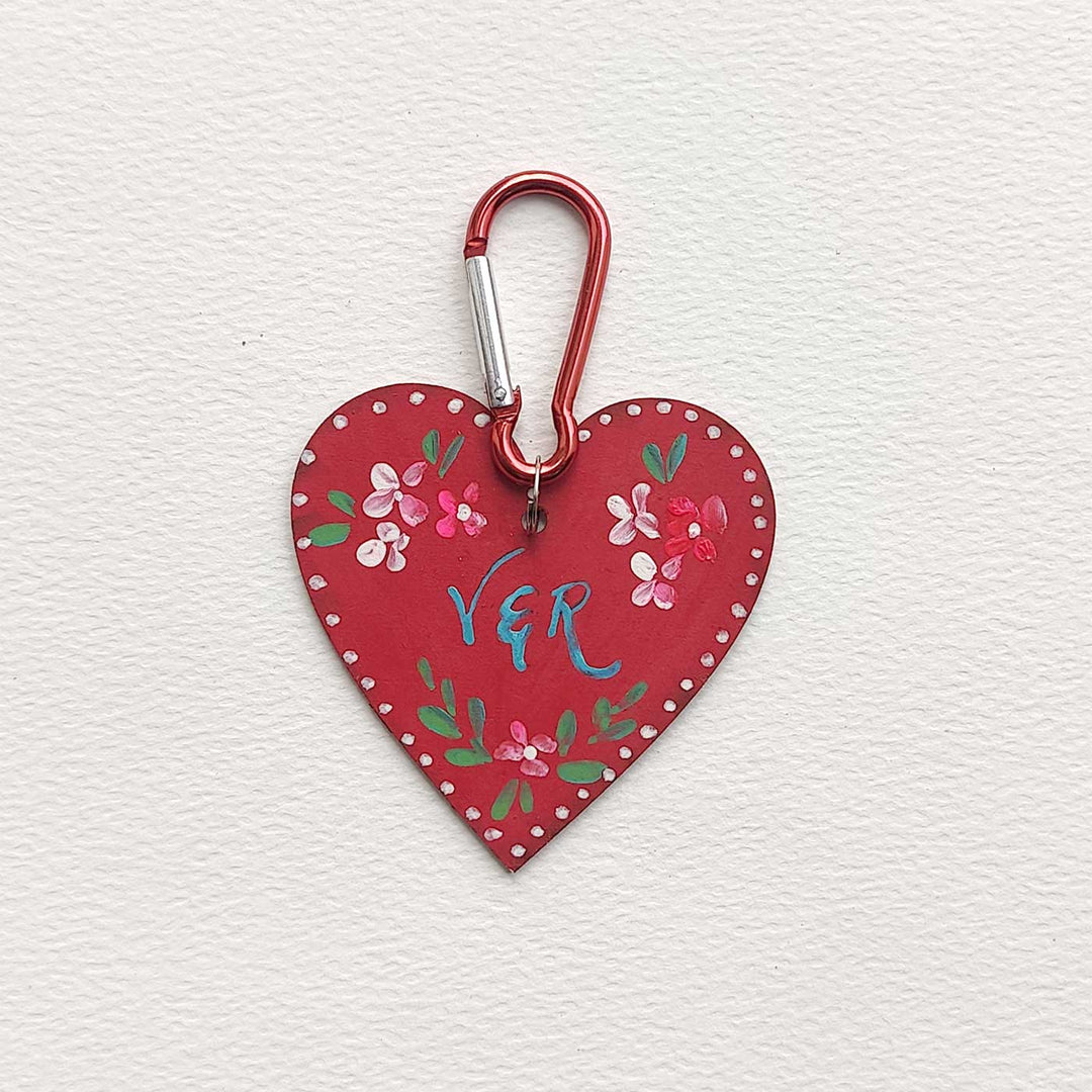 Personalized Hand-Painted Red Heart Wooden Key Chain/Bag Charm
