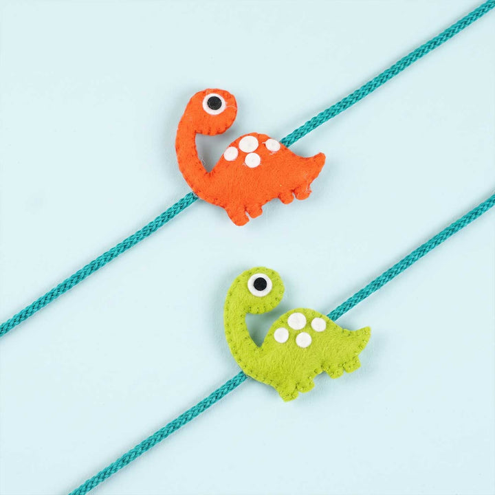 Handmade Dinosaur Felt Kids Rakhi With Roli Chawal For Twins | Set of 2