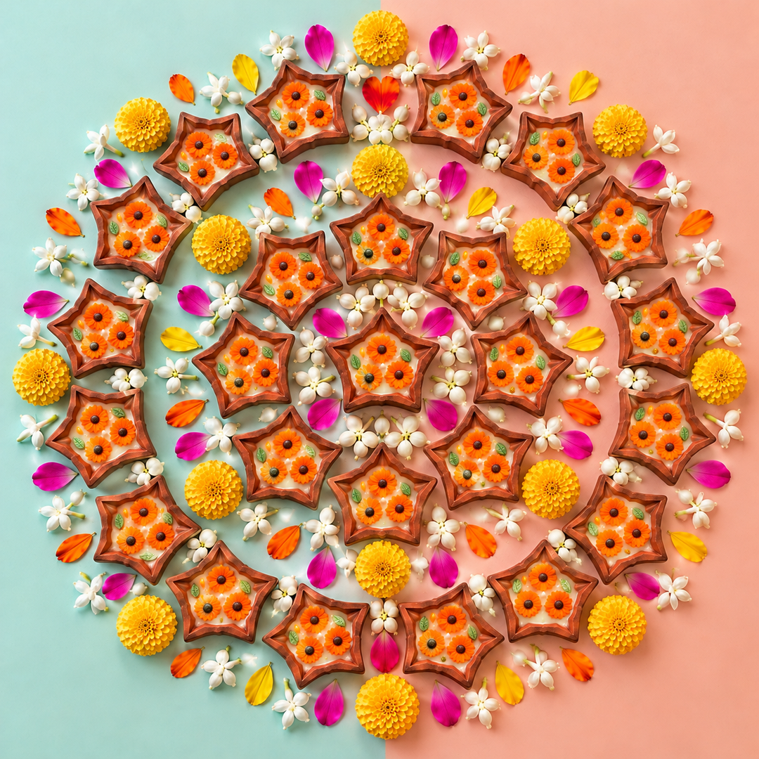 XL Set | Handmade Orange Floral Diya Shaped Terracotta Candles For Rangoli
