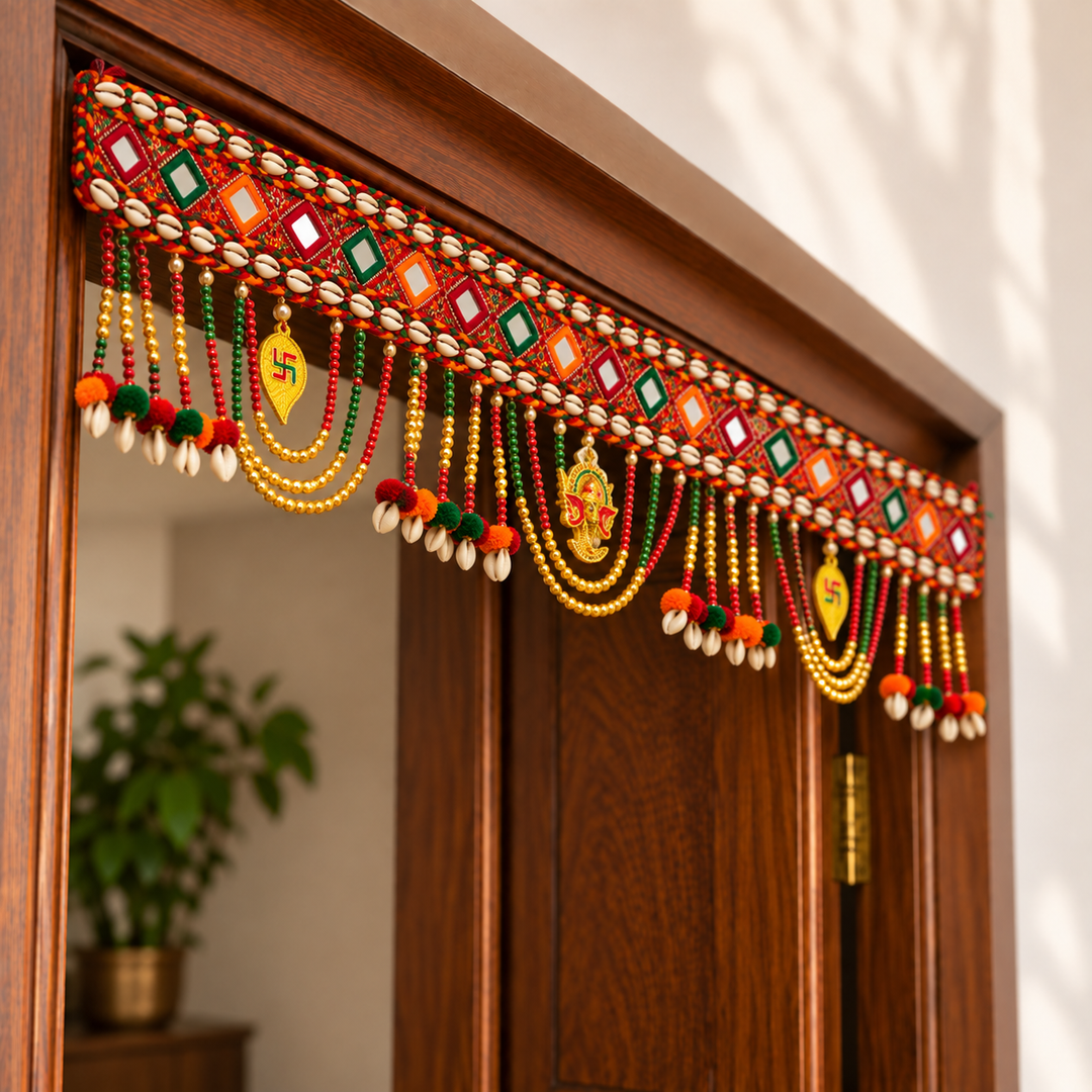 Handmade Ganpati Themed Toran With Mirror & Bead Detailing For Festive Decor