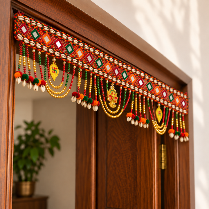 Handmade Ganpati Themed Toran With Mirror & Bead Detailing For Festive Decor
