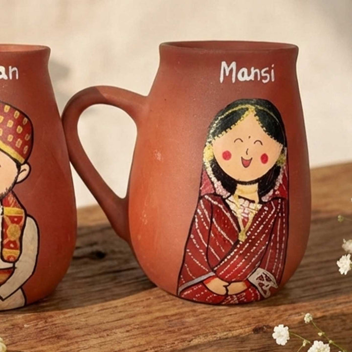 2 Pc | Bengali Couple Personalized Handpainted Terracotta Mug | 450 ml