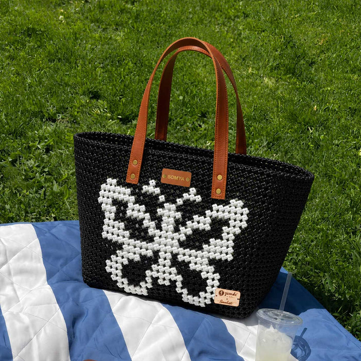 Handwoven Black Koodai Tote Bag with White Butterfly Motif