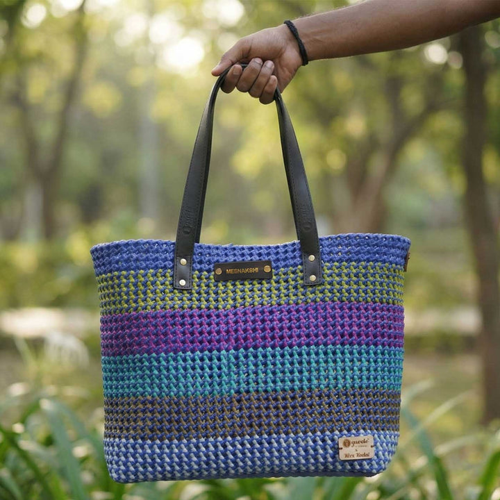 Peacock Blue Horizontal Stripes Handmade Wire Koodai Tote Bag