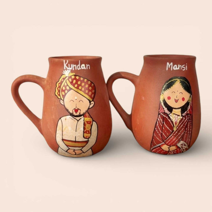 2 Pc | Bengali Couple Personalized Handpainted Terracotta Mug | 450 ml