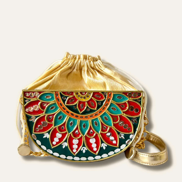 Handcrafted Green Festive Charm Lippan Art Potli Bag With Sling