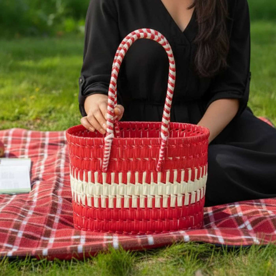 Handmade Traditional Plastic Tape Wire Red And Sandal Koodai Lunch Bag