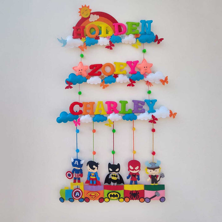 Personalized Rainbow & Superhero Train Theme Felt Kids Name Plate