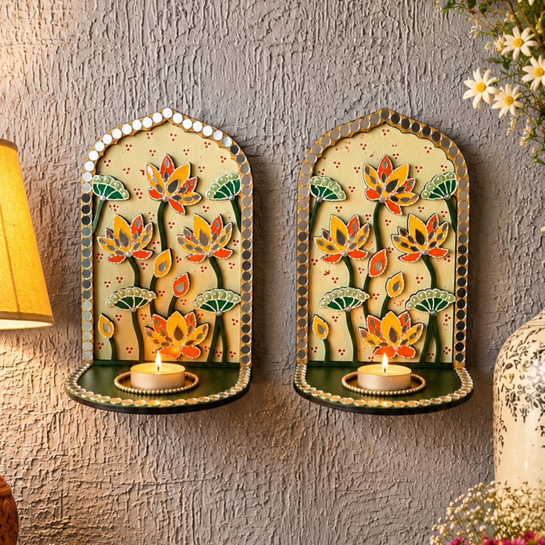 Set of 2 | Lotus MDF Jharokha Wall Hanging Tealight Holders For Festive Decor