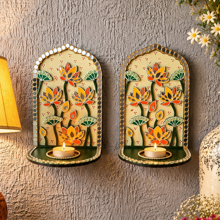 Set of 2 | Lotus MDF Jharokha Wall Hanging Tealight Holders For Festive Decor