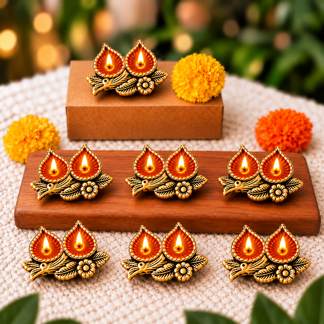 Handmade Leaf Shaped Terracotta Oil Lamp / Diya | Set Of 8