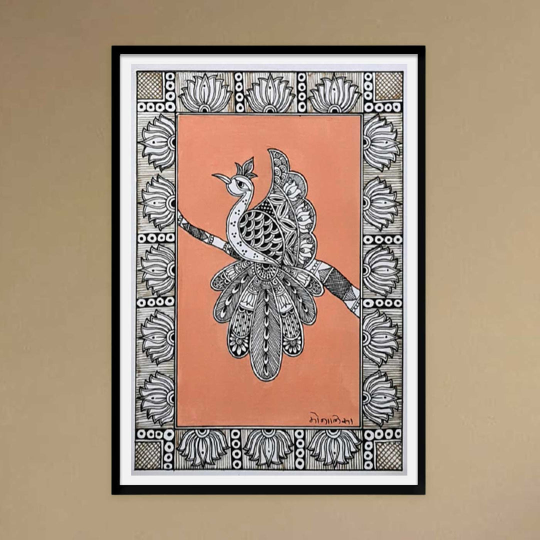 8 x 5 Inch | Peacock In Four Frames | Original Hand Painted Madhubani Painting On Paper