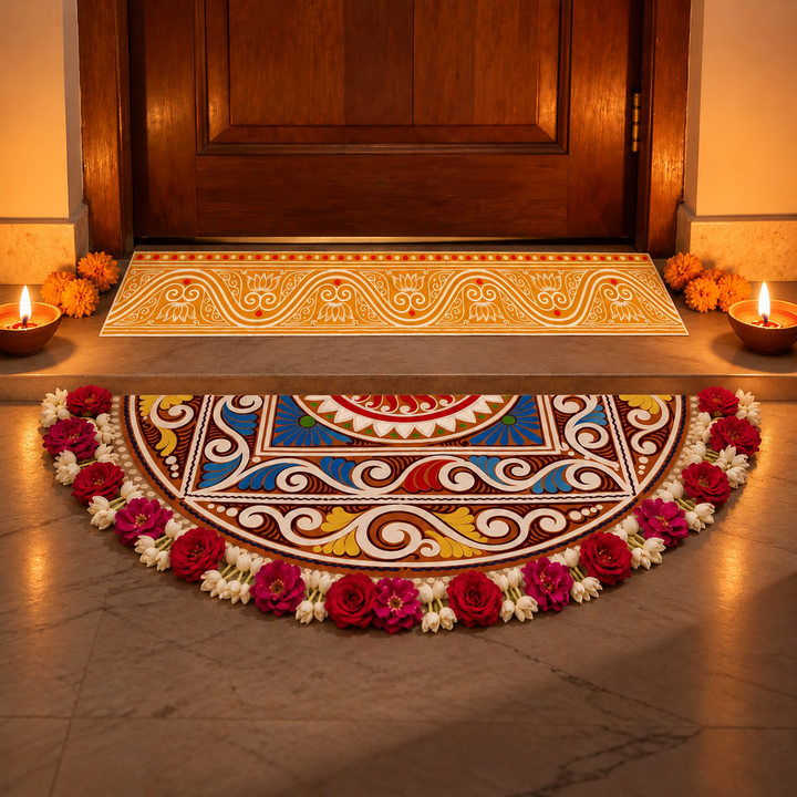 2 Pc | Mangalam Strip & Chaitri Semicircle Reusable Handmade Fabric Rangoli Mat for Festive Entrance Decor