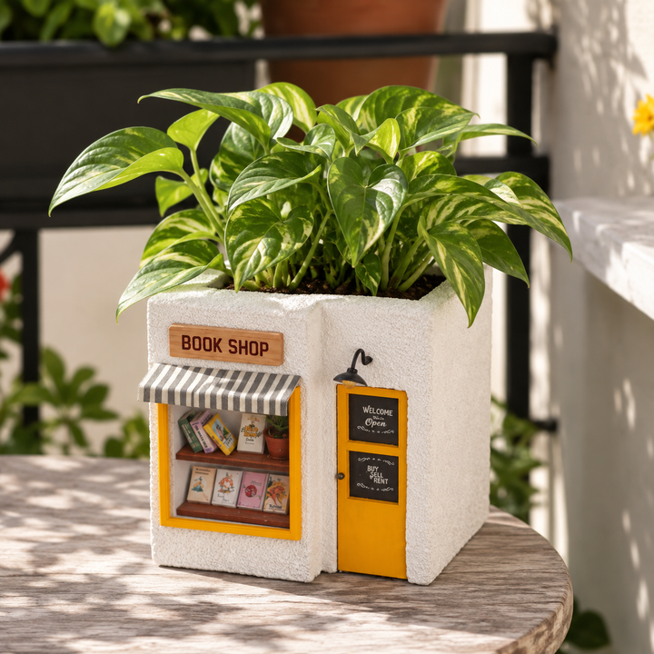 Handmade Book Shop Themed White & Yellow Concrete Planter With Drainage Hole For Home Decor