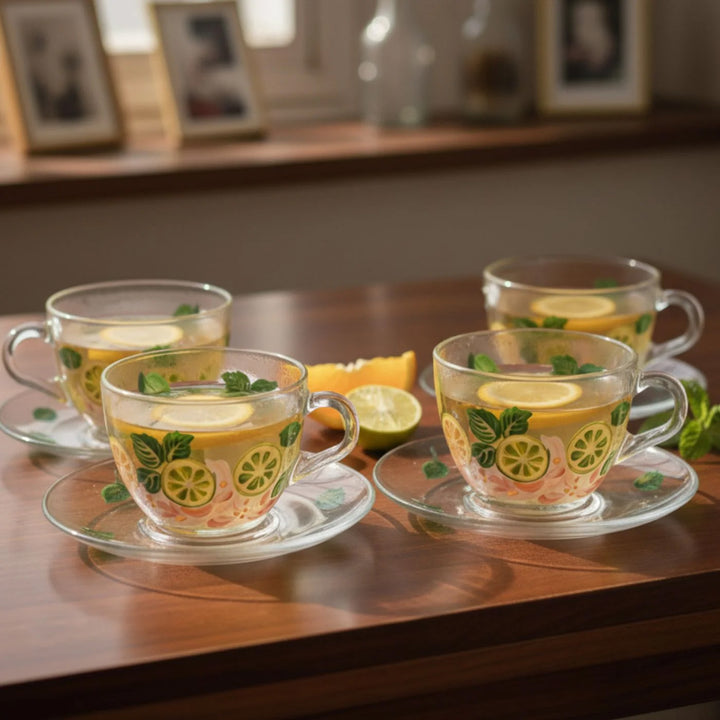 Hand-Painted Lime Lush Glass Tea Cups With Saucers