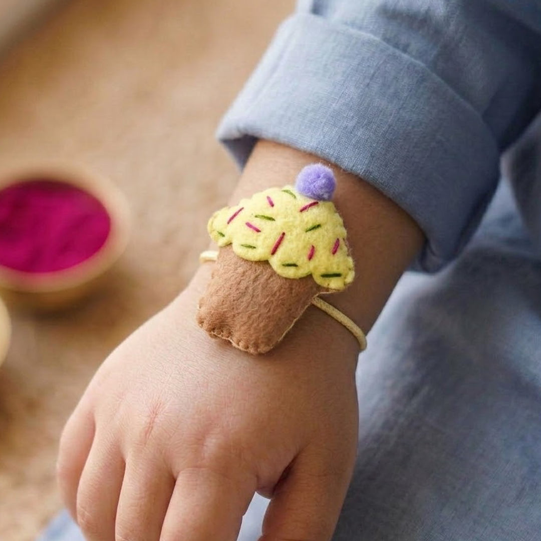 Handmade Cupcake Felt Kids Rakhi With Roli Chawal