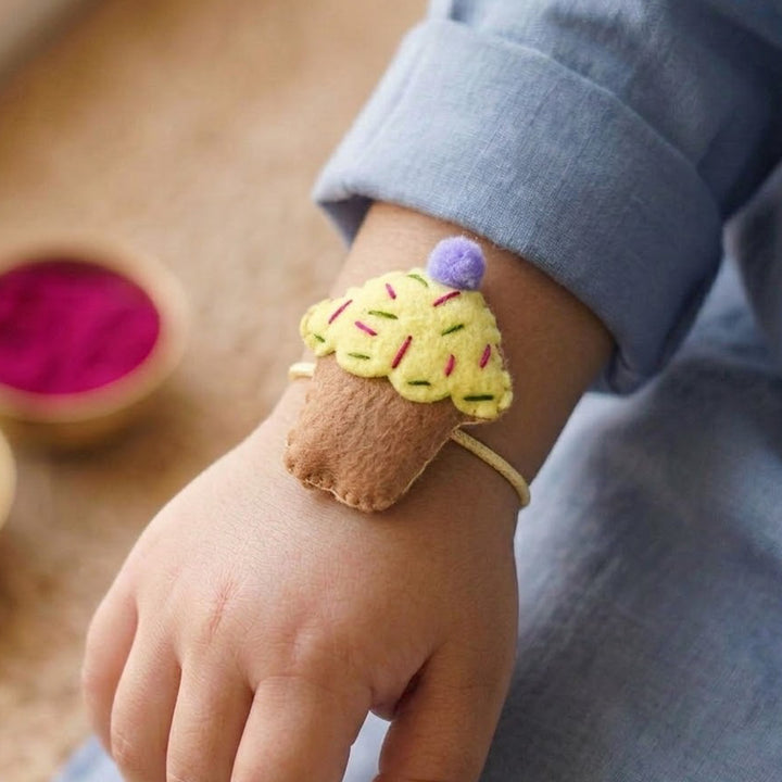 Handmade Cupcake Felt Kids Rakhi With Roli Chawal