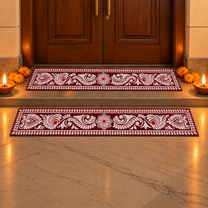 2 Pc | Madhobi Strip Reusable Handmade Fabric Rangoli Mat Set for Festive Entrance Decor