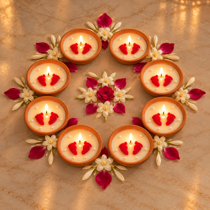 8 Pc | Handmade Laxmi Charan Terracotta Urli Soy Wax Candle