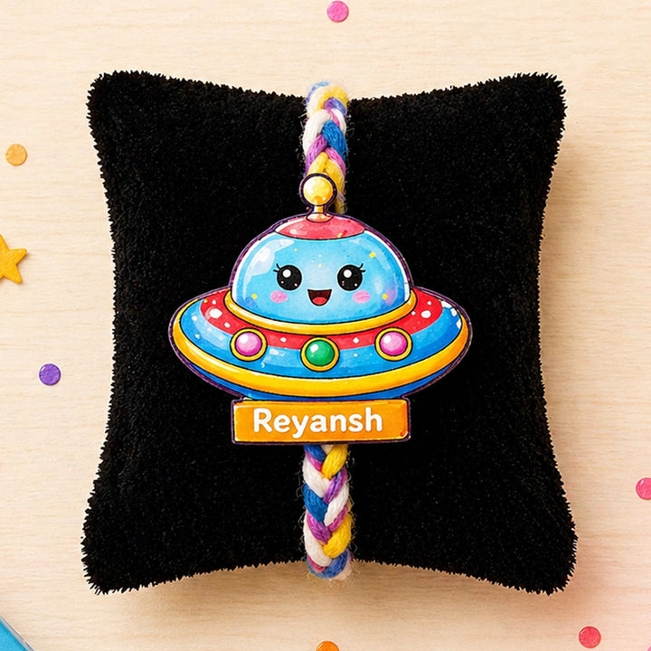 Personalized Reusable Disc Spaceship MDF Wood Rakhi With Roli Chawal