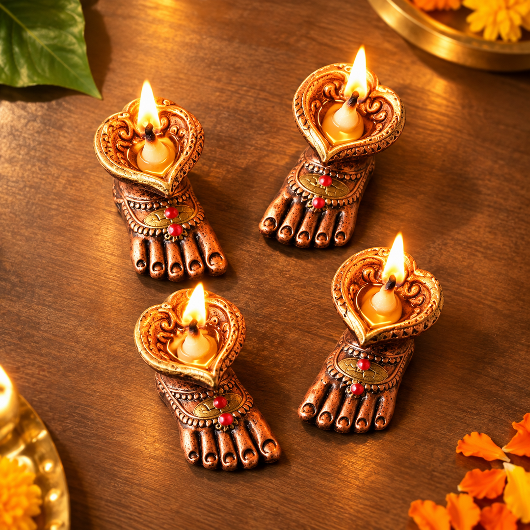 Handmade Laxmi Charan Paduka Terracotta Oil Lamp / Diya | Set of 4