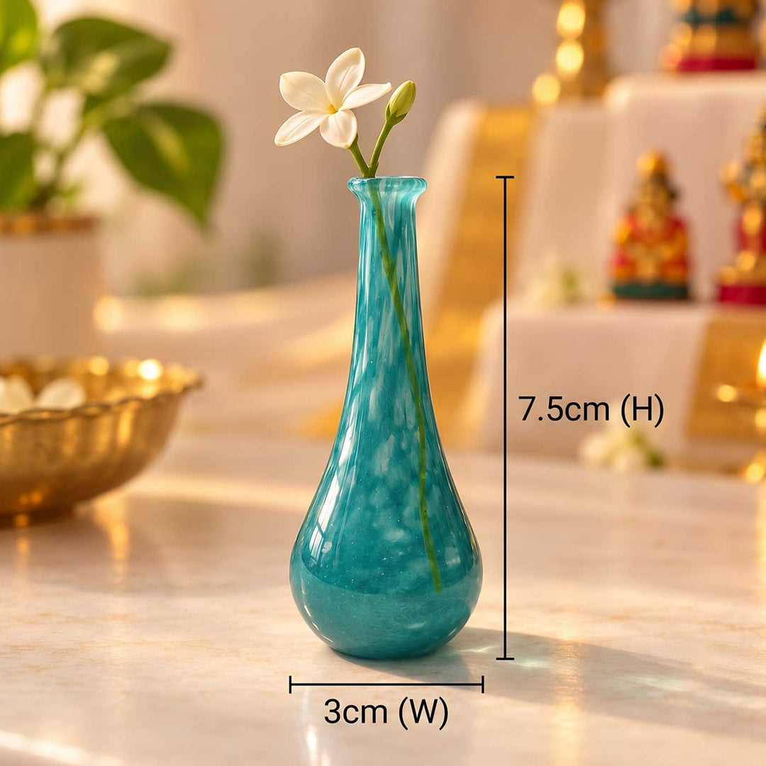 Handmade Teal Tall Bud Small Glass Art Vase For Home Decor