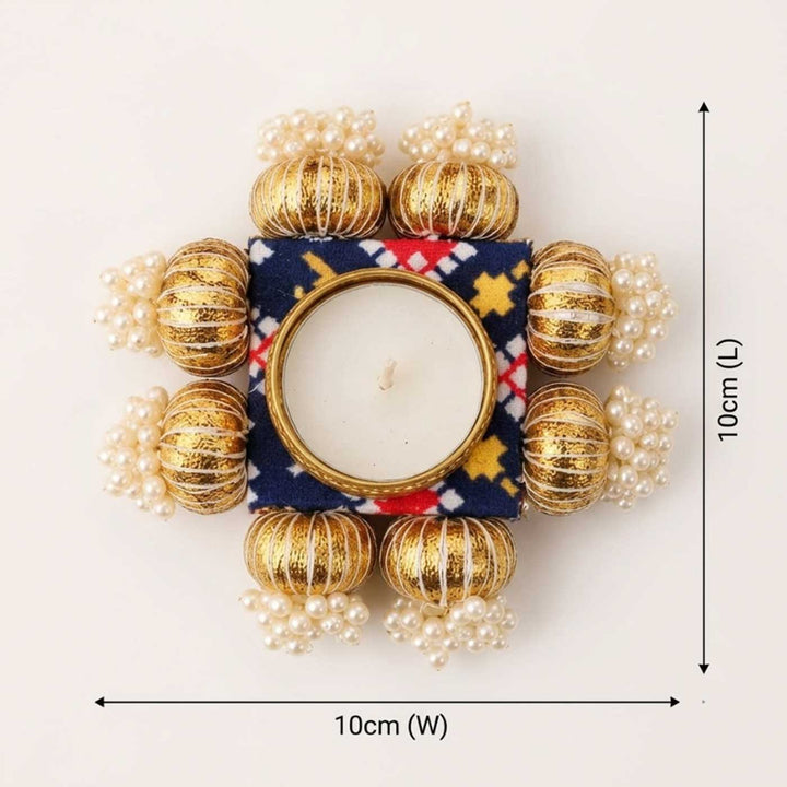 Handcrafted Reversible Gota Patti & Patola Print Square Tealight Holder With Pearl Beads