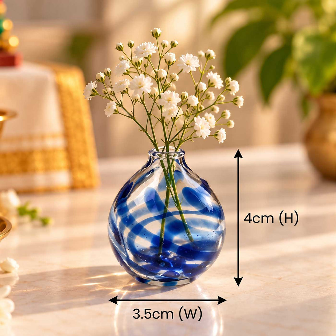 Handmade Blue Marble Swirl Small Glass Art Vase For Home Decor