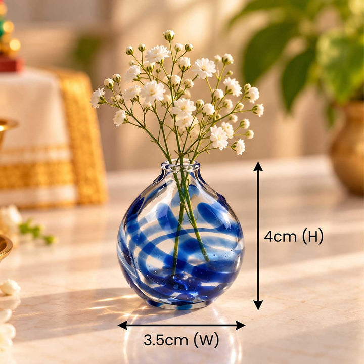 Handmade Blue Marble Swirl Small Glass Art Vase For Home Decor