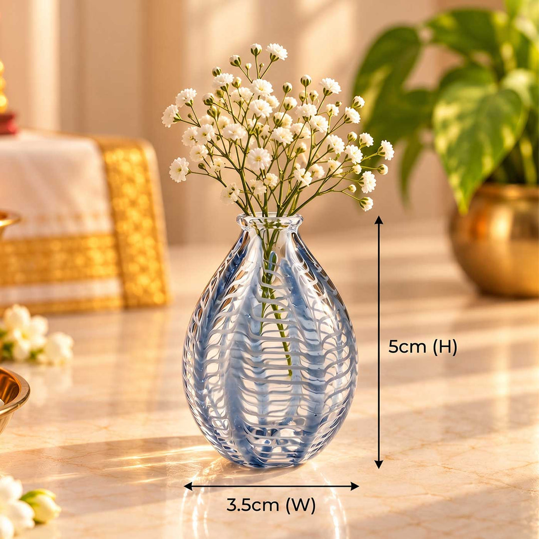Handmade Clear Blue Pinstripe Small Glass Art Vase For Home Decor