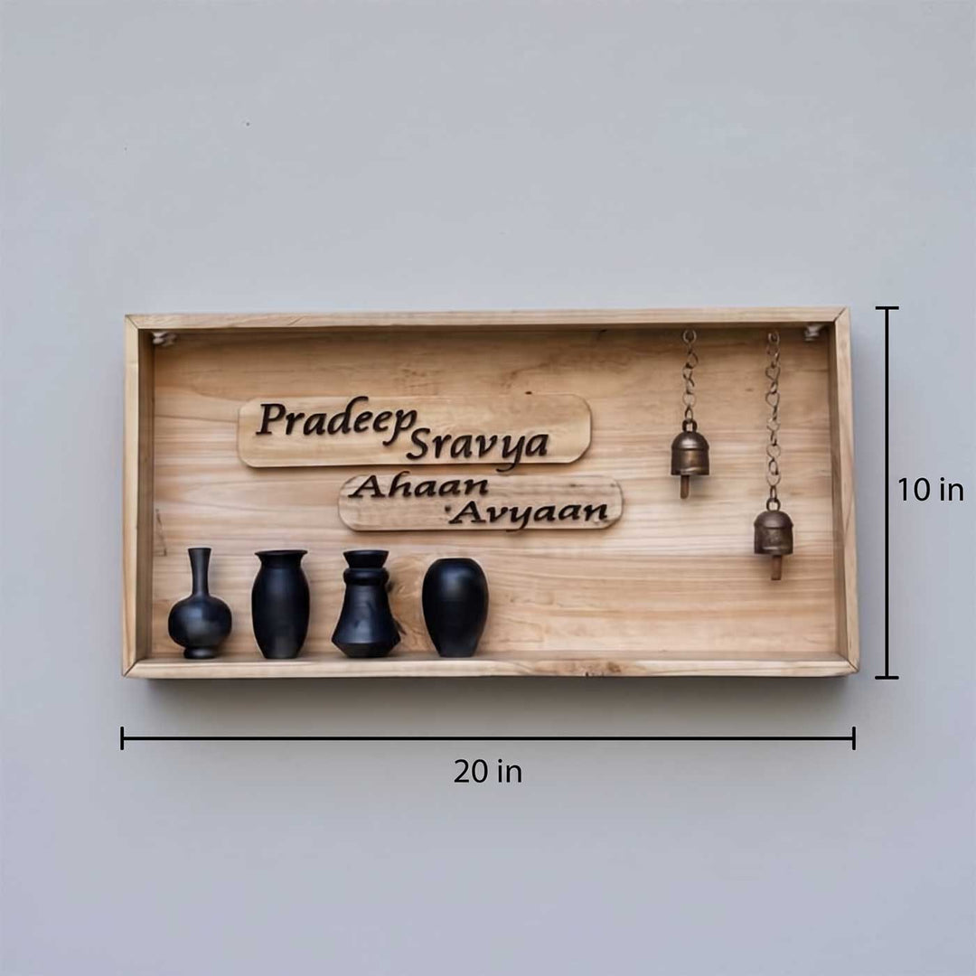Personalized Shadowbox Pinewood Name Plate With Mini Pots & Copper Bells For Home