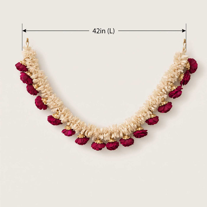 Handmade Gulab Rani Maroon & Ivory Sola Wood Rose Flower Toran with Gold Beads
